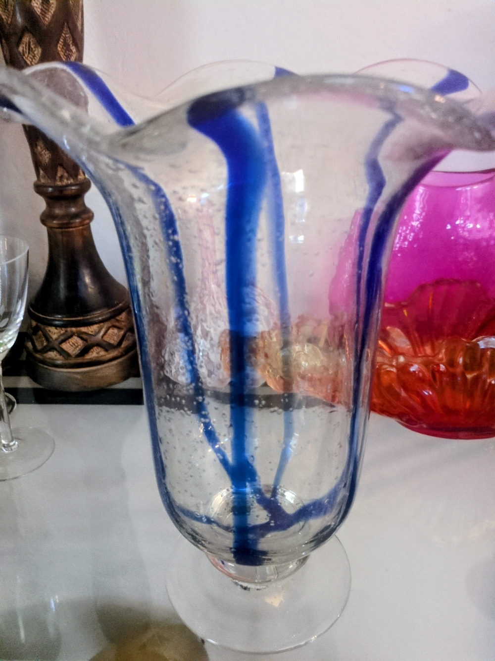 Handblown Clear Glass Vase with Blue Ribbon Accents - Unbranded